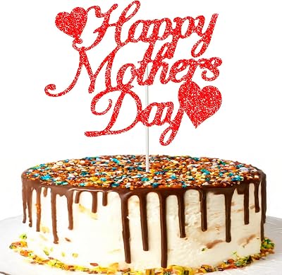 Happy Mothers Day Cake Topper, Red Glitter Cake Decorations, Love Mother Cake Picks Party Decorations Supplies for Mothers Day Gift