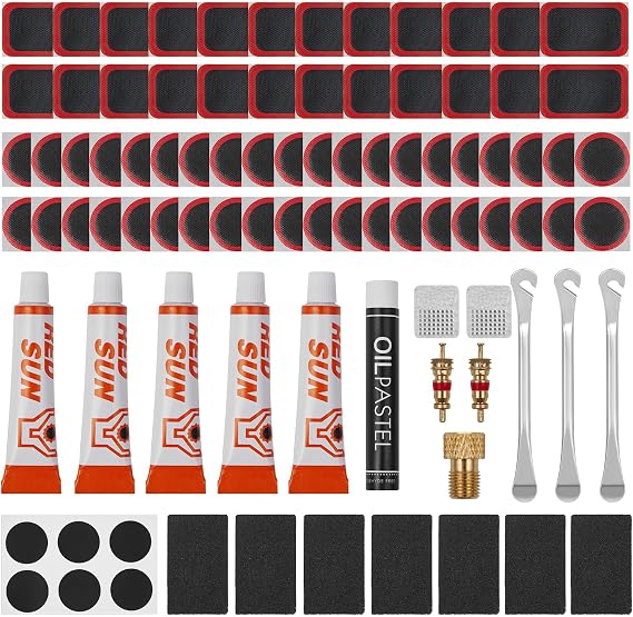 Zacro Bike Tire Repair Kit 90 PCS with 3 Stainless Steel Tire Levers | 70 Patches, 5 Vulcanizing Glue Tubes, Bike Tire Patch Kit with Presta-Schrader Converter for Mountain, Road & Commuter Bikes