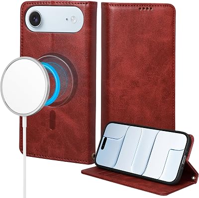 Rssviss for iPhone Air Wallet Case, Flip Folio Case Compatible with Magsafe, RFID Blocking Card Holder Kickstand, Shockproof iPhone Cover Men Women for iPhone Air 6.5 Red