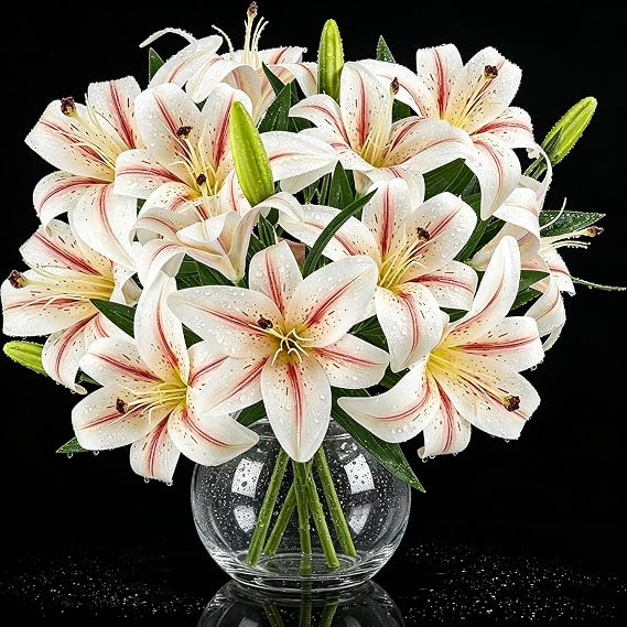 6PCS Artificial Lilies Flowers with Buds, 3D Printing Realistic Fake Lily | 12 Heads and 6 Buds, Short Stem Artificial Lily Flowers. UV-resistant Faux Flowers for Vase, Home, Wedding, Mothering Sunday