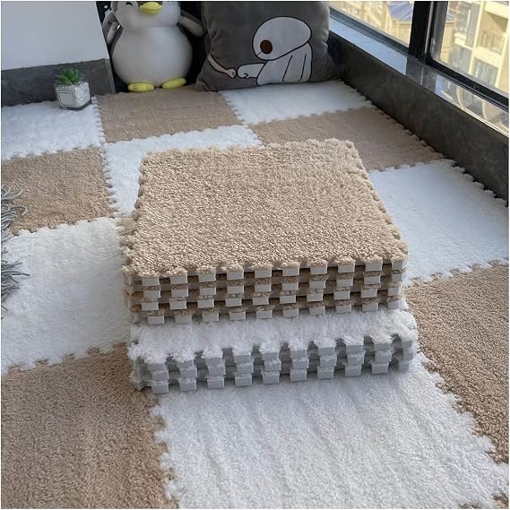 12"X12" Plush Interlocking Carpet Tiles, 10Mm Thick Foam Mat, Puzzle Play Mat, Soft Crawling Playing Floor Mat, Anti-Slip And Anti-Fall,Light Coffee+White,10Pcs