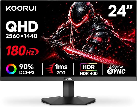 KOORUI 24 Inch 1440P Gaming Monitor, 180Hz Fast IPS, 1ms, HDR400, G2421V | 90% DCI-P3 Color Gamut, Adaptive Sync, Slim Bezel, VESA Mountable, HDMI 2.0 and DisplayPort 1.4