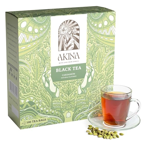 AKINA - Cardamom Flavored Black Tea Bags, Individually Wrapped, Spiced String and Tag Kenyan Cardamom Tea Bags, Warm and Spicy with Invigorating Aroma (Box of 100) (200g)