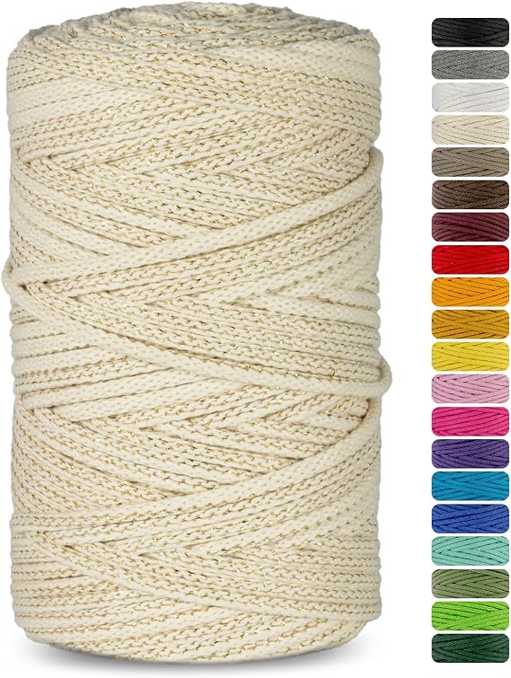 Netuno 1x braided macrame cord macramé yarn ivory with gold metal thread 5mm 100m natural cotton string ideal for macramé project hanging baskets DIY handbags crafting pouffes rugs jewellery