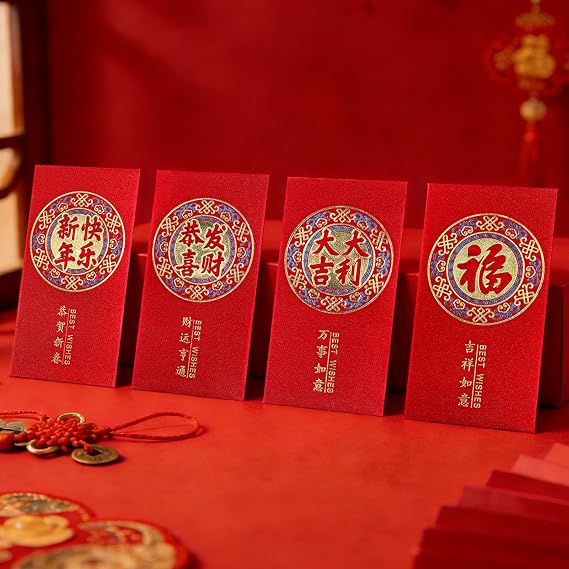 24PCS Chinese New Year Heavy Duty Red Envelopes, Chinese Traditional Red Packets Hong Bao Gift Lucky Money Envelopes Money Pockets, 6 Designs 24-Pack, 3.5 x 6.7 Inches