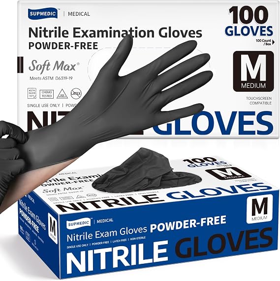 Supmedic Soft Max Disposable Nitrile Exam Gloves, Powder-Free Black, 100 Ct