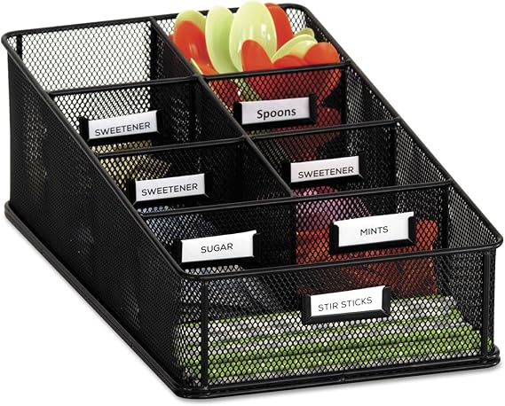 Safco Products 3291BL Onyx Mesh Condiment Carton Organizer, 7 Compartments, Break Room, Classroom Supply Organizer, Steel Metal Mesh, Includes Labels, Black