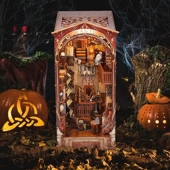 DIY Book Nook Kit, Decorative Bookend, 3D Wooden Puzzle Booknook Crafts, Bookshelf Insert Decor Alley with Furniture and LED Light for Birthday Home Desk Decor (Magic World)