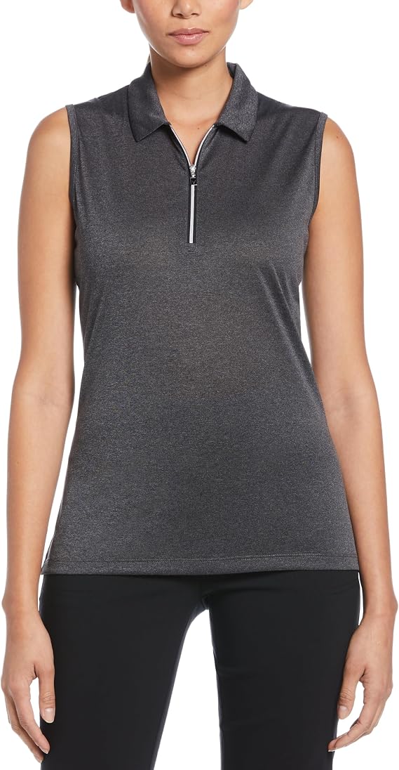 Callaway Women's Quarter Zip Heather Sleeveless Golf Polo, Moisture-wicking, Sun Protection, Stretch Shoulder Seams
