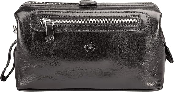 Maxwell Scott - Personalized Mens Luxury Leather Large Wash Bag Dopp Kit with Zip Opening - The Duno Large - Black