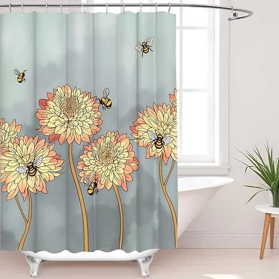Bee Shower Curtain Bumble Bee Honeybees and Flowers Bath Curtain Rustic Floral Bathroom Decor with Hooks 72"x72"