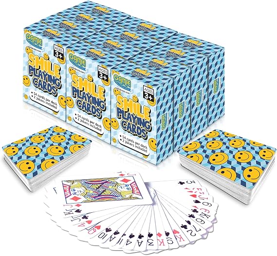 Gamie Mini Smile Playing Cards Deck - Pack of 12-2.5 Inches Tall - Blue Checkerboard Background - Poker-Casino Cards - Carnival Prize, Party Favor and Gift Idea for Kids Ages 3+
