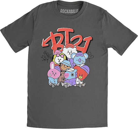 BT21 BTS Kpop Unisex Cotton Crew Neck Short Sleeves Tee Shirt (Street Mood Charcoal Grey, Large)