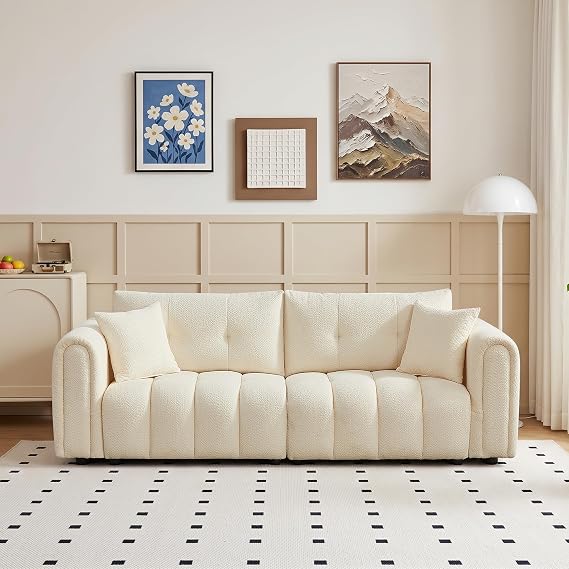 91.5"W Modern Cream Boucle Sofas for Living Room, Oversized Loveseat Couch | Comfy Channel-Tufted Couch with Rolled Arms and 2 Soft Pillows, 3-Seater Cloud Couch for Apartment, Studio, Bedroom, Office