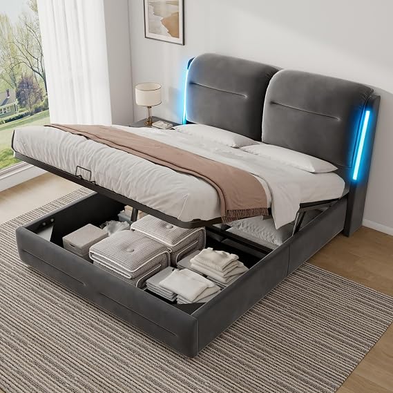 King Size Bed Frame 5ft with LED and Lift Up Storage, Ottoman Bed King Size with Thick Headboard, Beds, Frames and Bases with Slats and Metal Bedframe, Grey Velvet, 150x200cm, Without Mattress