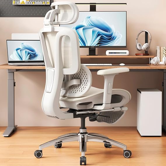 Vonesse Ergonomic Office Chair with Footrest, Desk Chairs with Adjustable 3D Headrest and Armrests, Computer Gaming Chair with Dynamic Lumbar Support & Adjustable Depth Breathable Mesh Seat (White)