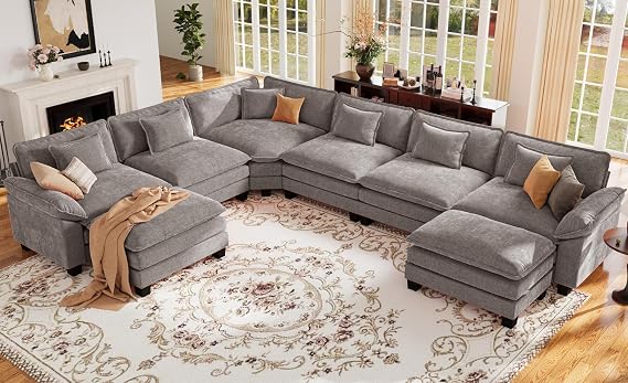 CDCASA 152" Oversized Modular Sectional Sofa with Corner, Comfy L-Shaped Cloud Couch w/ 2 Ottomans, 7-Seater Chenille Deep Seat Modern Sofa Couch for Living Room, DIY Combination, Grey