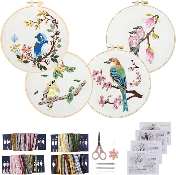 Embroidery Kit for Beginners 4 Sets, Hand DIY Cross Stitch Kits Include 4 Pack Floral and Hummingbird Patterns, 4 pcs Embroidery Hoops, Color Needles Threads and Instructions for Sewing Beginners