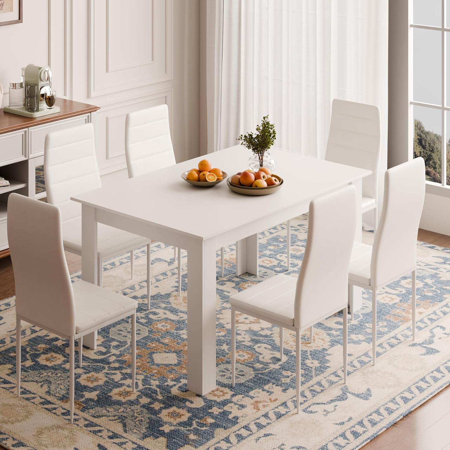Mondeer Dining Table and Chairs Set 6, Dining Room Sets High Back Faux Leather Chair, for Kitchen Home Office, 138 x 90 x 75 cm, White Table and Chairs