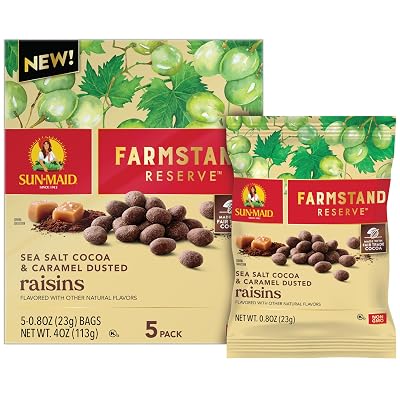 Sun-Maid Farmstand Reserve Sea Salt Cocoa & Caramel Dusted Raisins - 5 Pack 0.8 oz Snack Bag - Cocoa Covered Fruit Snack