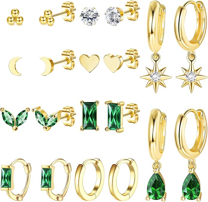 10 Pairs 14K Gold Plated Huggie Hoop Studs Earrings for Women Small Dangle Hoop Earring Stacks Green Earrings Set for Multiple Piercing