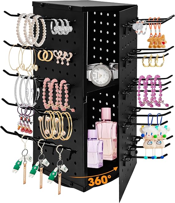 360 Rotating Pegboard Display Stand with 60 Hooks & Inner Storage Compartments - Metal Peg Board Keychain Jewelry Display Stand for Vendors, Retail, Craft Shows (Black)
