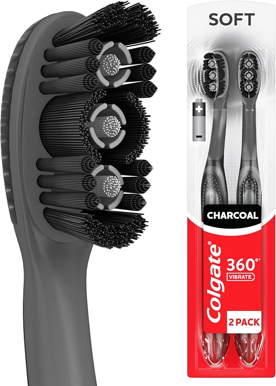 Colgate 360 Vibrate Charcoal Battery Powered Electric Toothbrush, Soft, 2Pk