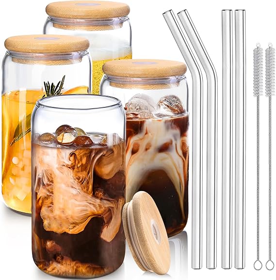 Glass Cups with Lids and Straws 4 pcs,Glass Iced Coffee Cups with Lids 16 oz-Drinking Glasses,Cute Cups Glass Coffee Cups with Silicone Sleeve/Stickers