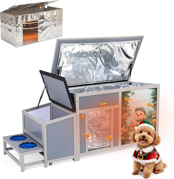 COZIWOW 59" Insulated Outdoor Dog House | Waterproof All Weather Pet Shelter with Removable Thermal Liner, 2 Slow Feed Bowls, Wooden Shelter for Medium Dogs, Cats, Livestock