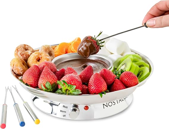 Nostalgia Electric Fondue Party Set 10 oz Melting Pot, 4 Roasting Forks, Detachable Serving Tray Melted Cheese, Chocolate, or Dessert Perfect for Gifts, Parties, Date Night Stainless Steel