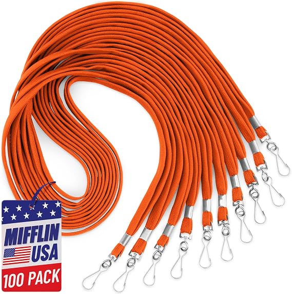 36" Flat Lanyards for ID Name Badges and Keys - Orange Neck Straps, 100 PK | Mifflin-USA soft & comfortable lanyard, 18 standard hanging length, reliable metal swivel J-hook, durable polyester fabric