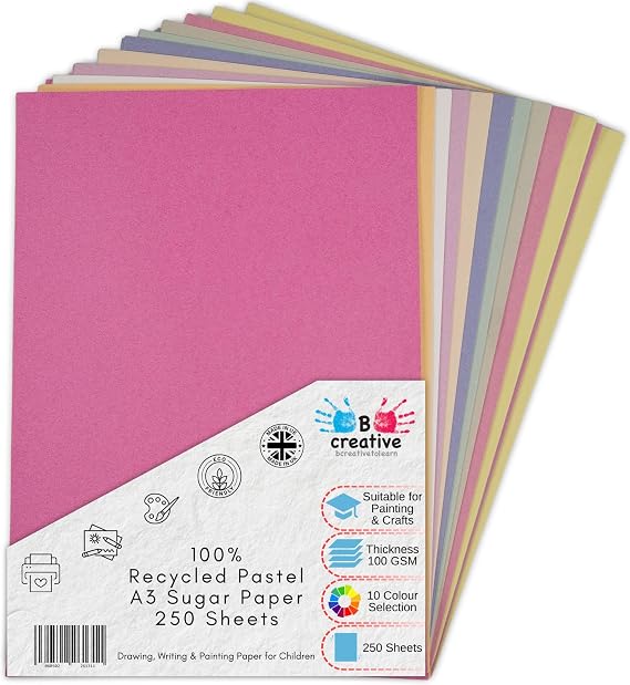 Be Creative A3 Recycled Sugar Paper 42 x 29.7 cm 100gsm – 250 Sheets in 10 Assorted Pastel Colours for Arts, Crafts, Drawing & Scrapbooking