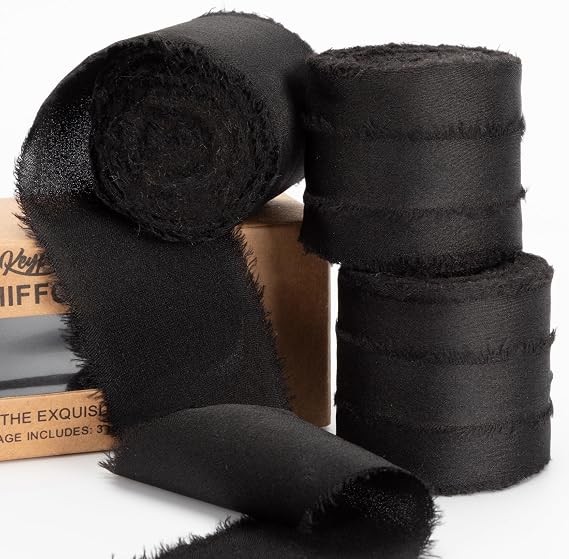 Keypan Black Frayed Satin Chiffon Ribbon, 1.5 Inches, 21 Yards