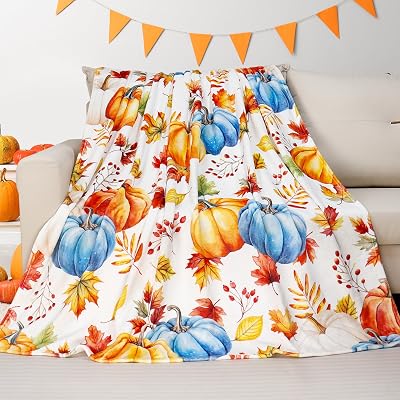 Fall Pumpkin Throw Blanket Autumn Maple Leaf Pumpkin Blanket Ultra Soft Flannel Fleece Blankets Lightweight Cozy Fluffy Plush Blanket for Bed Couch Sofa 50 X 60