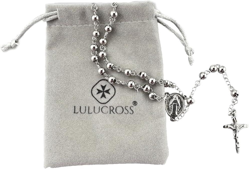 Stainless Steel Rosary Necklace for Men Women - St Benedict Crucifix Cross Prayer Beads - Durable Y Shaped Catholic Rosary Necklace for Daily Prayer - Religious Spiritual Protection Gift