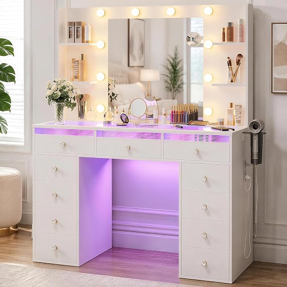 IFSEB Makeup Vanity Desk with Lights, White Vanity Glass Top, 23.5'' Mirror | 11 Drawers, 3 Color Bulbs, RGB Lighting, Charging Station, 10X Magnifying Mirror, Crystal Knobs, Hair Dryer Rack, Fir Wood