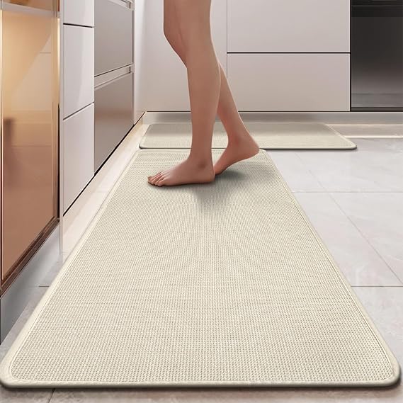 High-Density Woven Kitchen Floor Mats Set of 2, Non-Slip, Absorbent, Easy to Clean, Durable Rugs for Kitchen, Laundry, Bathroom, Pet Areas(White,45 x 70CM+45 x 150CM)