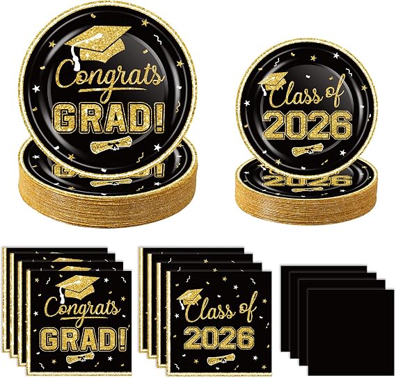 2026 Graduation Plates and Napkins Set, Disposable Tableware, Serves 80 | 320 pcs black gold Class of 2026 graduation tableware set for college, high school congrats graduation party supplies favors