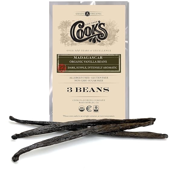 Cook's 3 Organic Madagascar Vanilla Beans, Grade A, for Extract & Baking