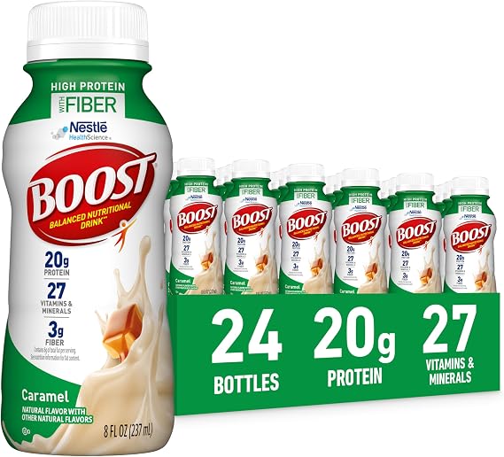BOOST High Protein with Fiber Ready to Drink Complete Nutritional Drink, Caramel, 8 fl oz Bottle, 24 Pack | Ready to Drink, 20g Protein, 3g of Fiber, 8 FL OZ (Packaging May Vary)
