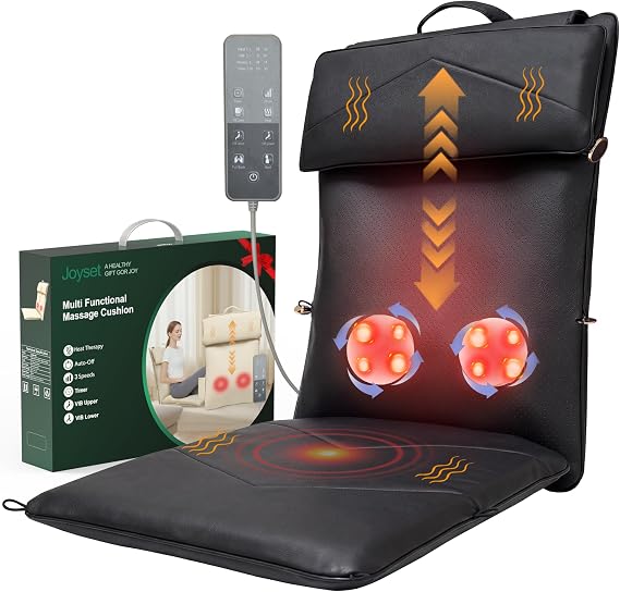 Joyset Shiatsu Back Massager for Chair with Heat and Vibration | Rolling Full-Back Massage Pad with Neck Adjustment,8 Kneading Nodes, 3 Heat Modes, Vibration Seat, Gift for Dad Mom