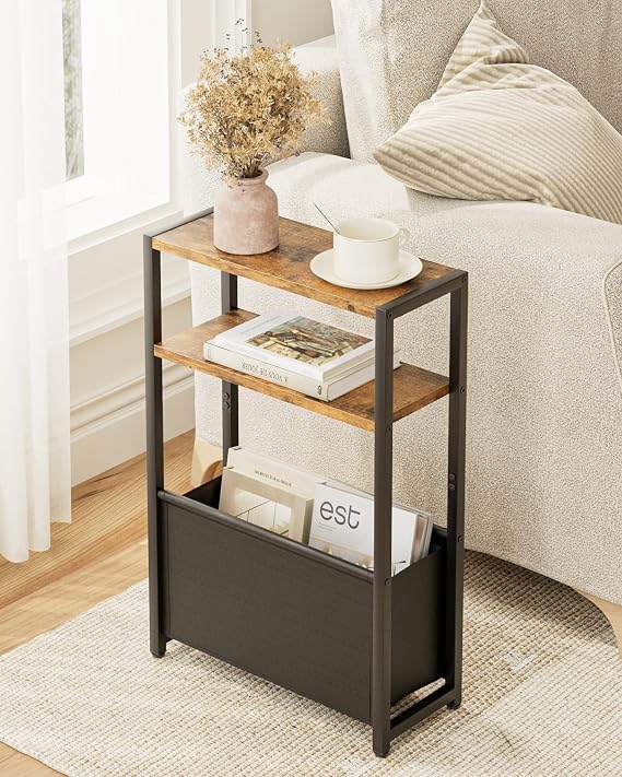 Narrow Side Table for Small Spaces, Small End Table with Storage Basket, Slim Bedside Table for Bedroom, Rustic Brown Sofa Side Tables Living Room,Bathroom