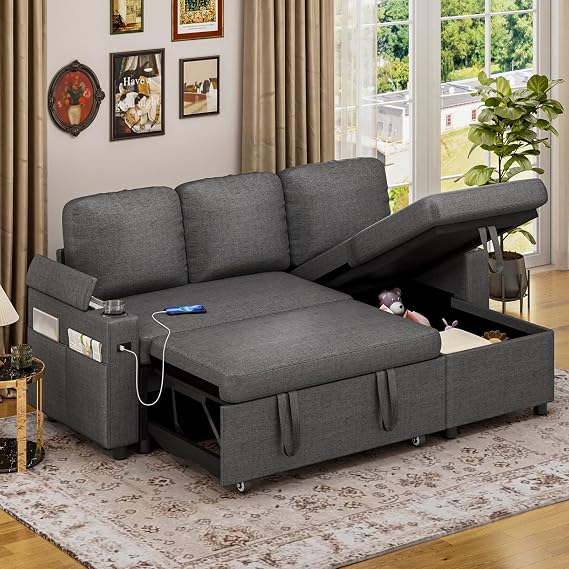 Corner Sofa Bed, L-Shaped Sleeper Sectional Couch Bed, 3-in-1 Linen Convertible Pull Out Sofa Bed with Adjustable Backrest, Storage, USB and Cup Holder for Living Room, Grey