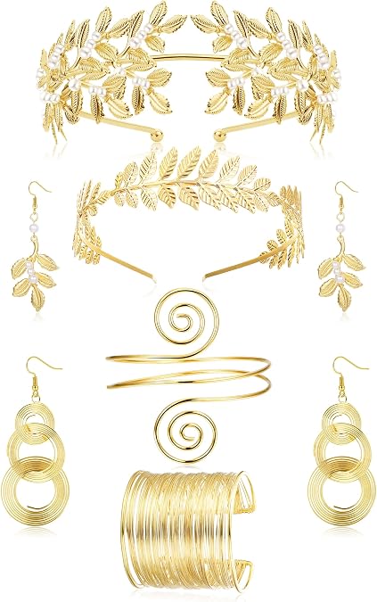 YADOCA 6 Pcs Greek Goddess Costume Accessories Set for Women Gold Laurel Leaf Crown Headband Upper Arm Cuff Coil Bracelet Pearl Dangle Earring Bridal Bridesmaid Wedding Headpiece Toga Costume Jewelry