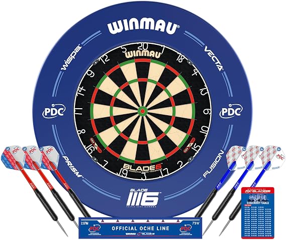 WINMAU PDC Blade 6 Dartboard Set with Dart Surround - Steel Dartboard Complete Set with 2 Sets Steel Darts Oche & Checkout Card - Professional Sisal Dartboard for Home Full rotation Professional PDC dartboard for tournaments