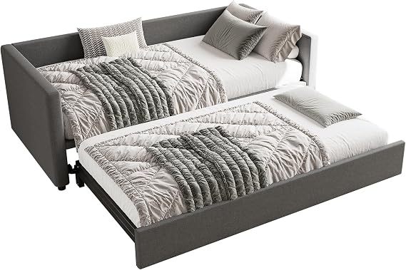 3ft DayBed with Trundle, Grey Velvet Sofa Bed, Single to Double, Space-Saving Guest Bed - 90x190cm