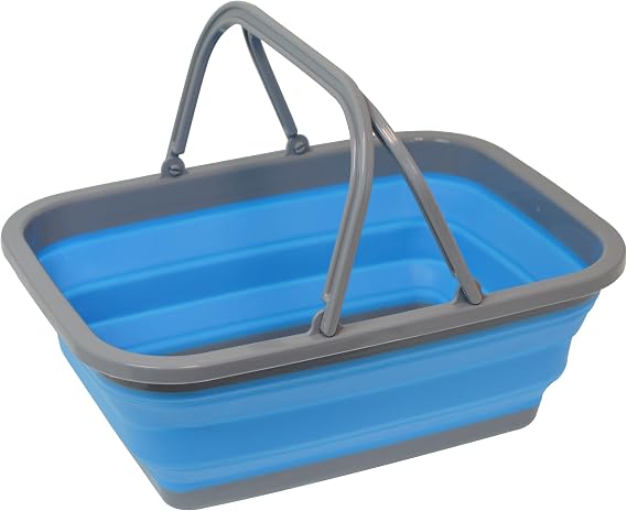 Collapsible Shopping Basket Tote Silicone Market Basket with Handles, Portable and Foldable, Blue