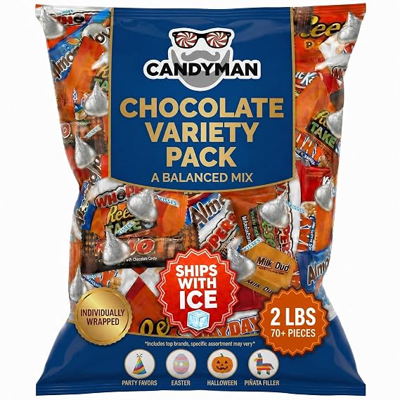 CANDYMAN Chocolate Candy Variety Pack, 2 lb Mini Bars, Individually Wrapped
