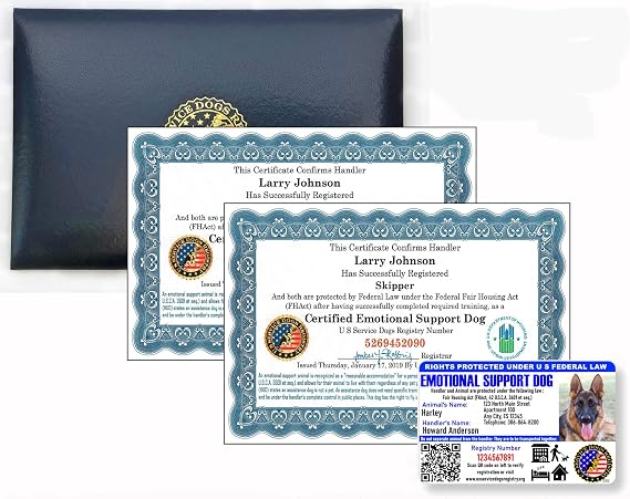 Official Certified Leather Presentation Folder & Fully Customized Set of 2 Certified Emotional Support Dog Certificates & 1 Custom ESA Photo ID Card (Custom Photo ID & 2 Certificates)