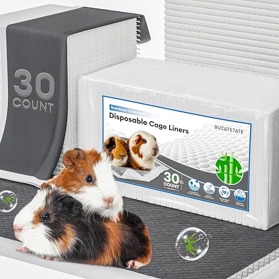 BUCATSTATE Disposable Guinea Pig Cage Liners 30 Count, Super Absorbent Guinea Pig Bedding, Bamboo Charcoal Odor Control Pee Pads for Rabbits, Ferrets and Birds (18''x24'')